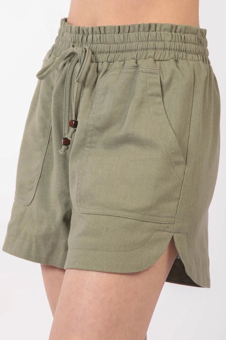 Olive Very J Drawstring Elastic Waist Linen Shorts