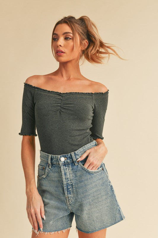 Charcoal Aemi Co Ruched Frill Off Shoulder Half Sleeve Knit Top