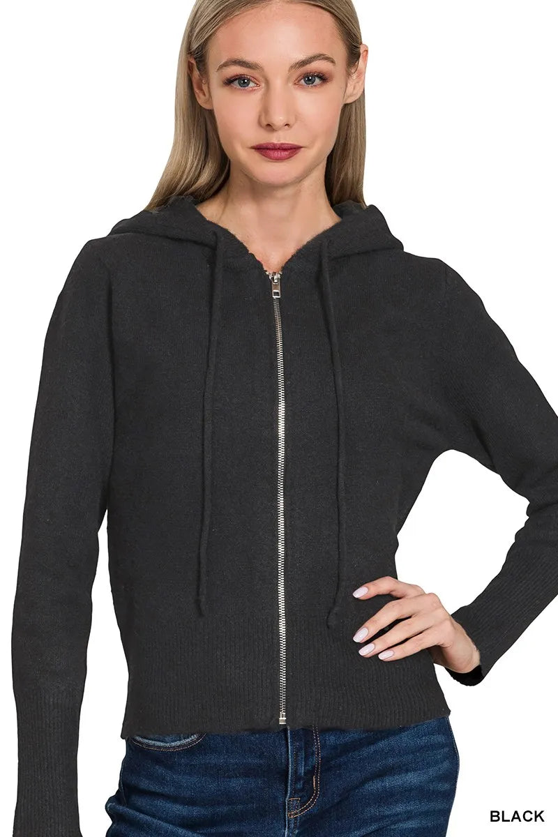 Black Zenana Drawstring Zip Up Hooded Cardigan 1