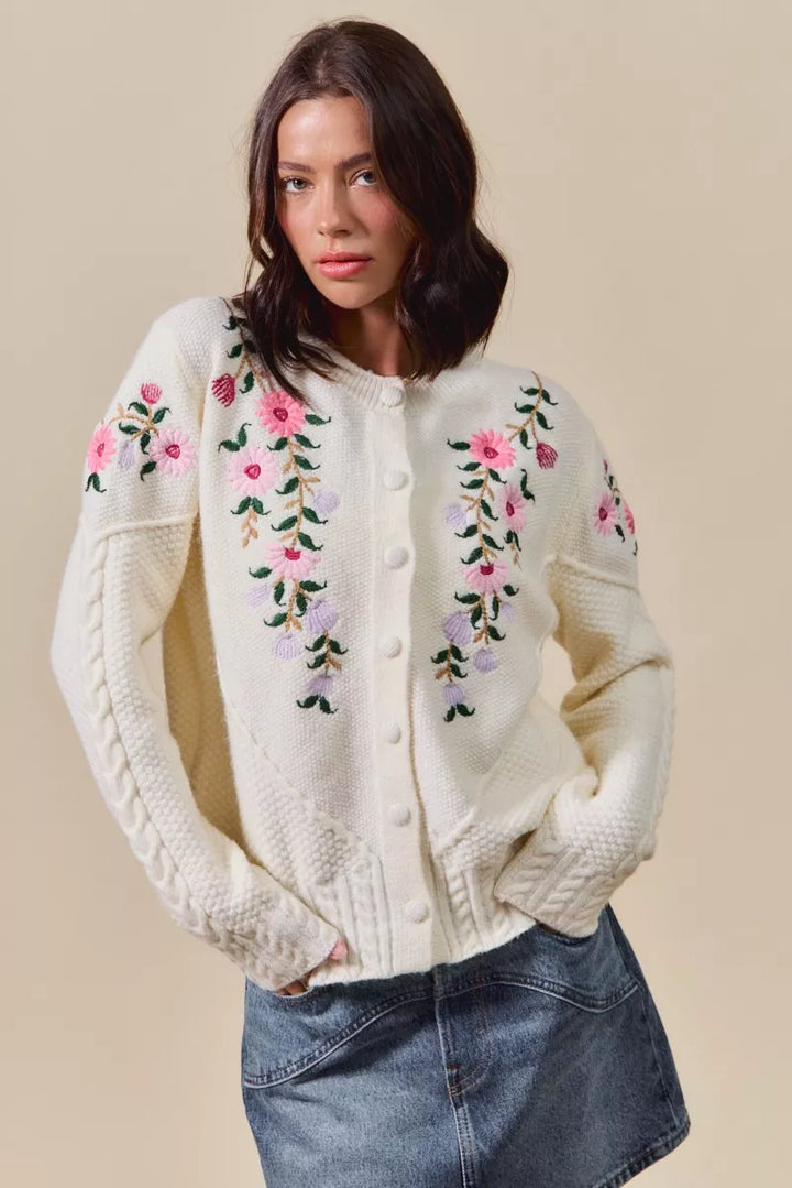 Ivory So Me Floral Embroidered Coquette Sweater Cardigan