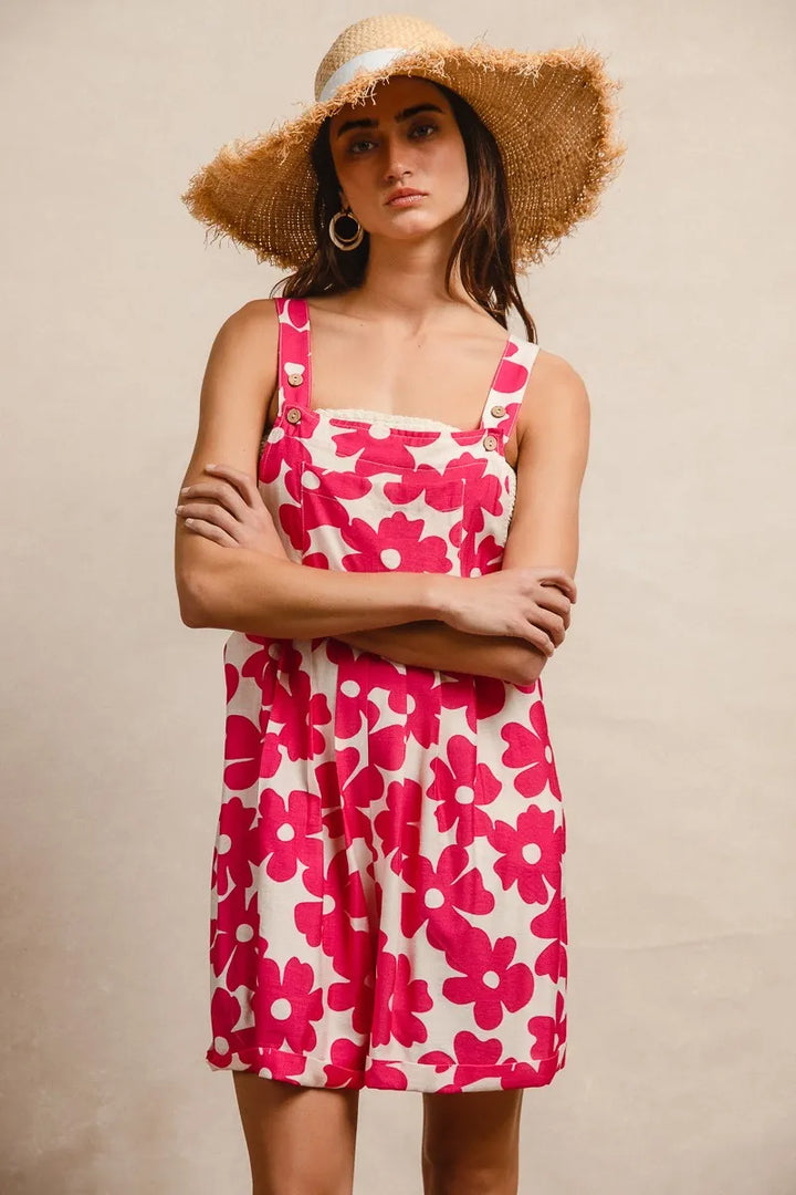 Bibi Floral Prints Tuck Detail Short Overall With Pockets