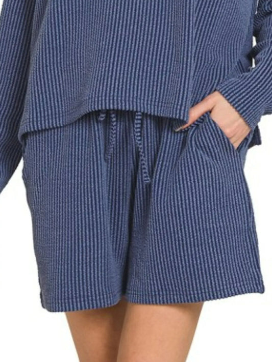 Navy Zenana Corded Rib Long Sleeve Tee And Shorts Set