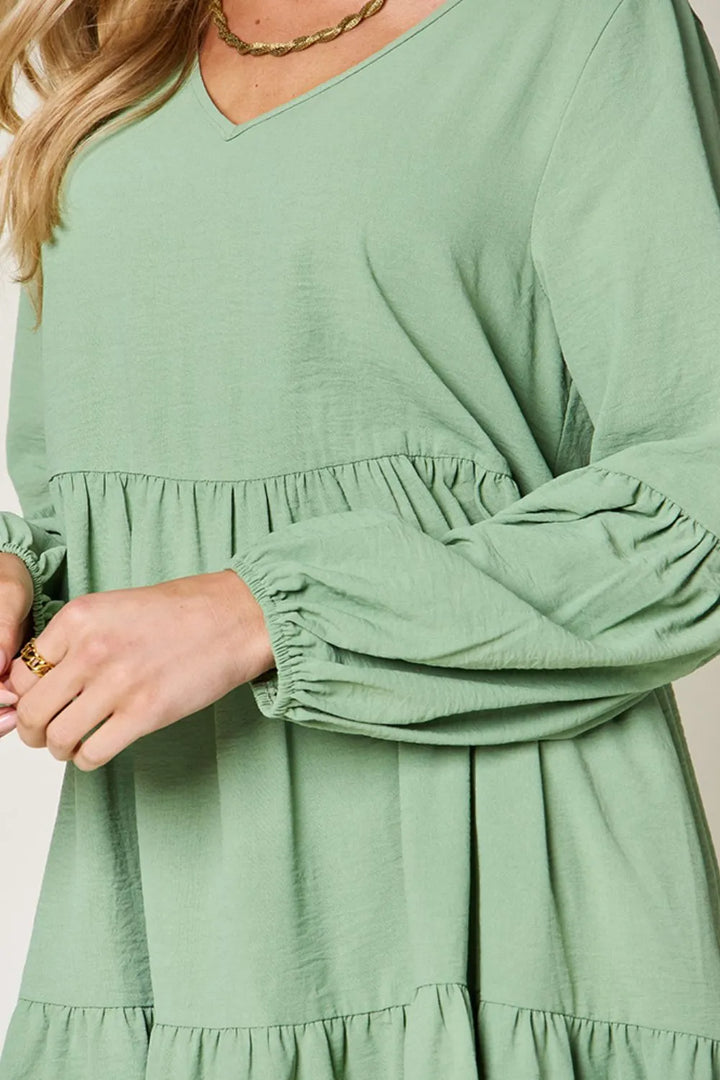 Light Green Double Take Full Size V Neck Balloon Sleeve Tiered Dress With Pockets