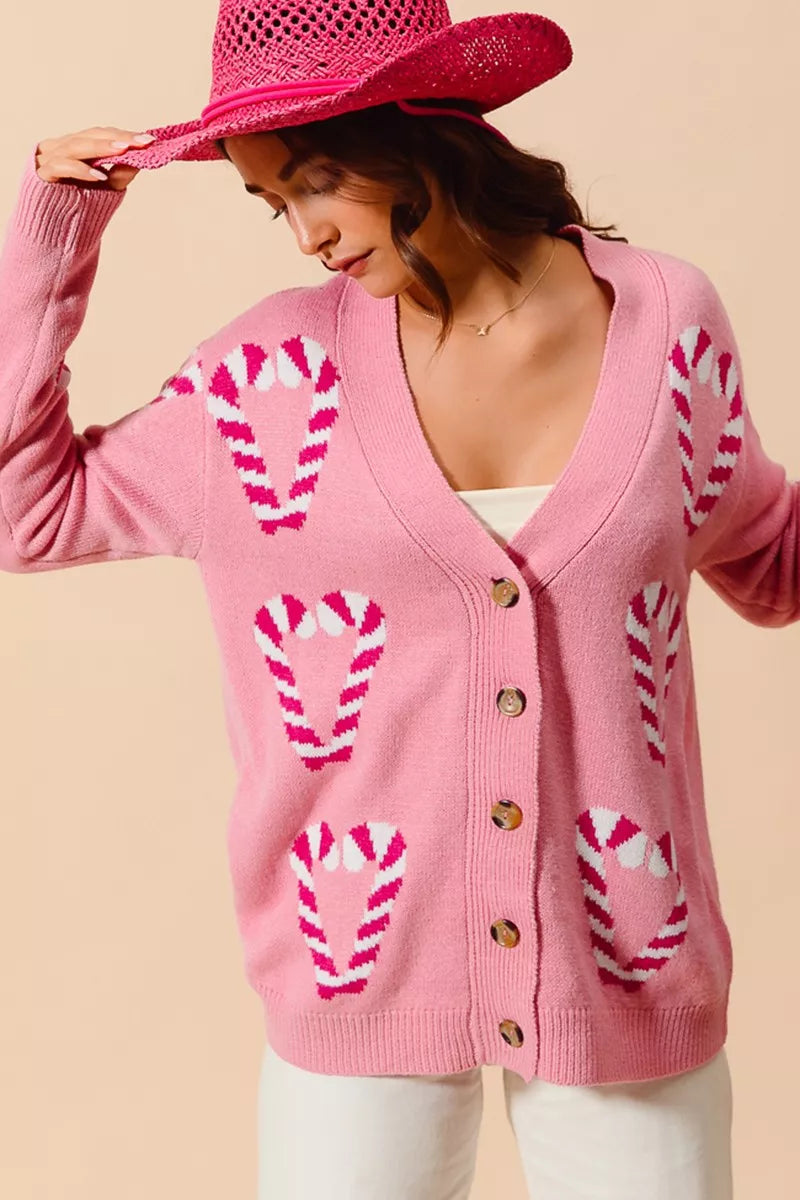 Pink So Me Christmas Candy Cane Button Front Sweater Cardigan