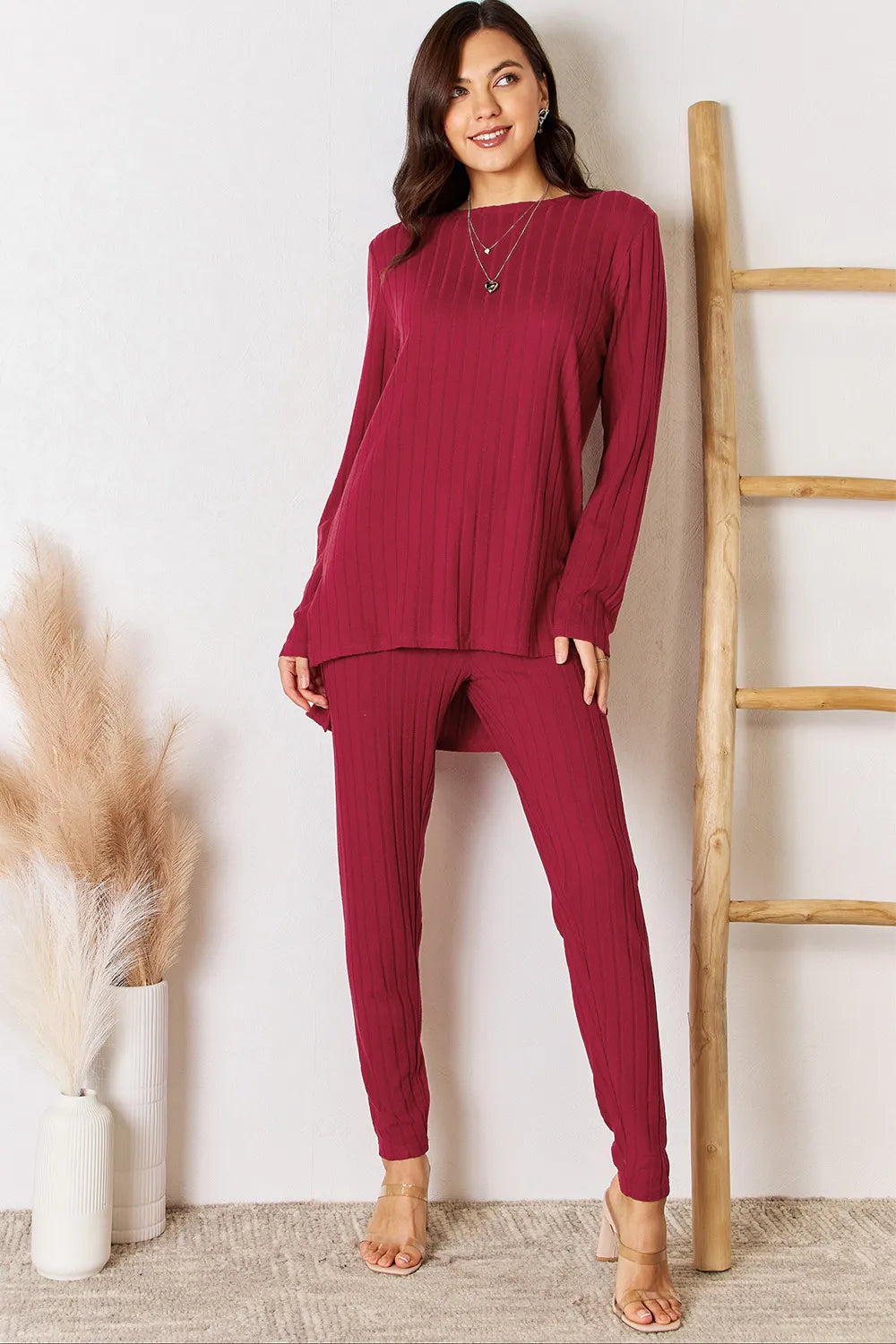 Deep Red Basic Bae Full Size Ribbed Round Neck High Low Slit Top And Pants Set