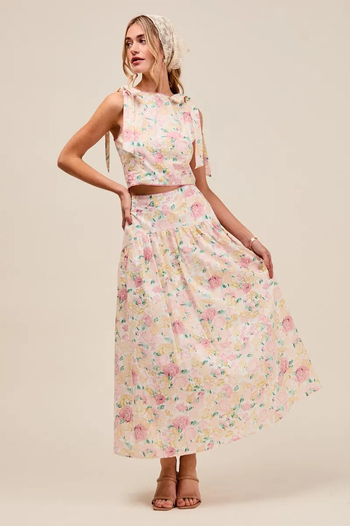 Floral So Me Floral Printed Woven Shoulder Bow Tie Top And Skirt Set