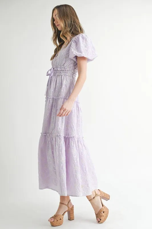 Mable Eyelet Lace Puff Sleeve V Neck Midi Dress 1