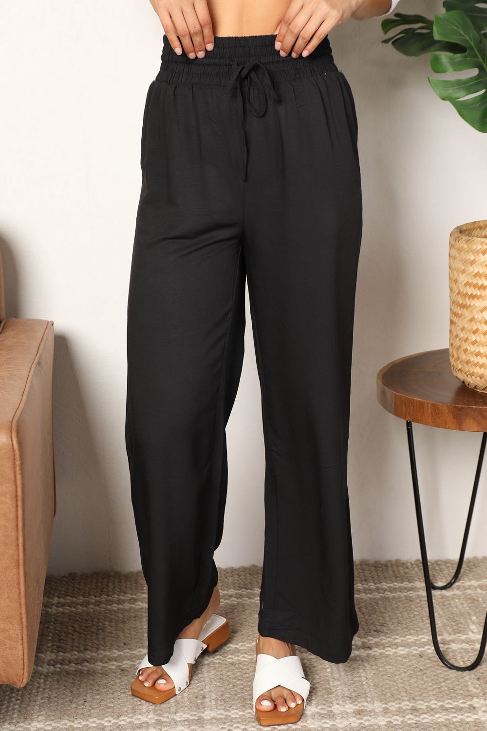 Black Double Take Drawstring Smocked Waist Wide Leg Pants