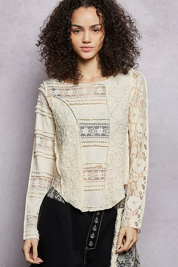 Natural Pol Round Neck Long Sleeve Exposed Seam Top With Lace Detail