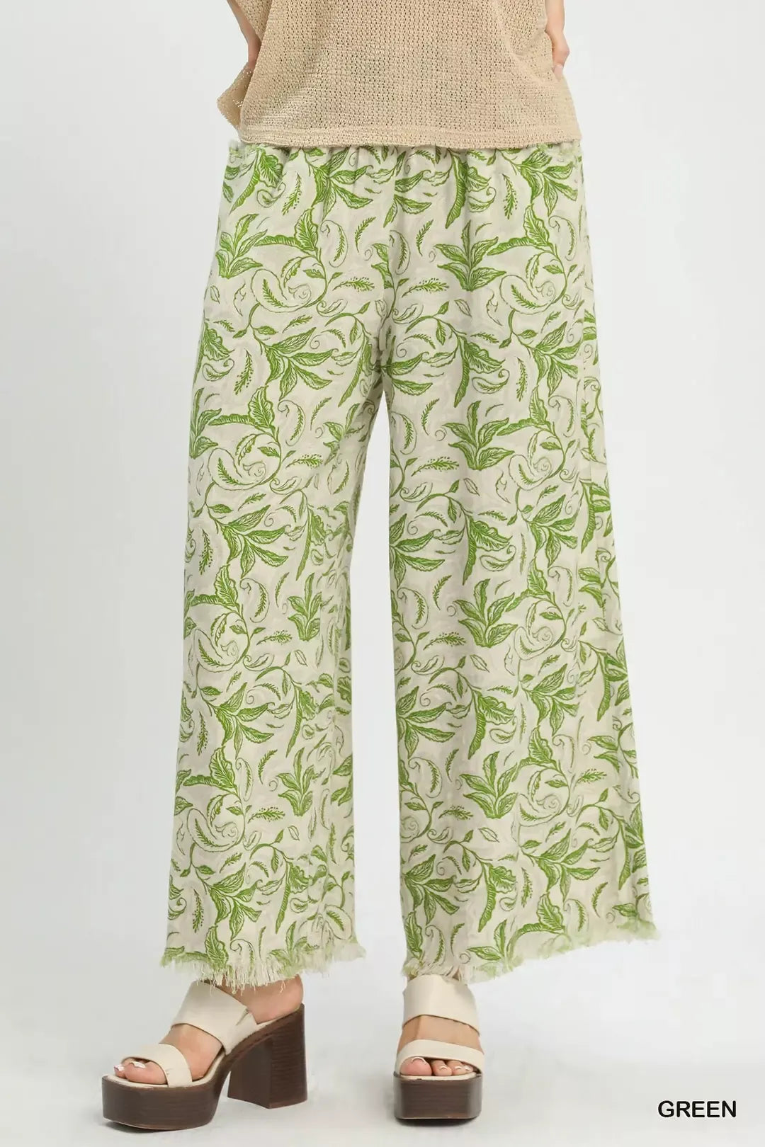 Green Umgee Linen Printed Wide Leg Raw Hem Pants 1