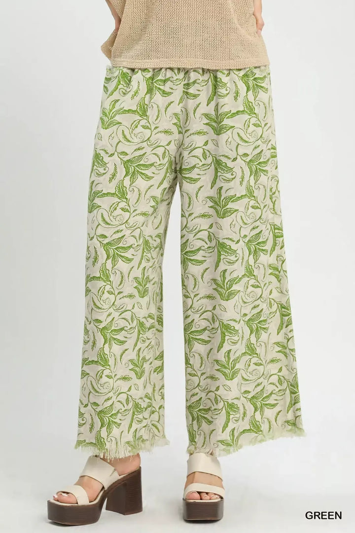Green Umgee Linen Printed Wide Leg Raw Hem Pants 1
