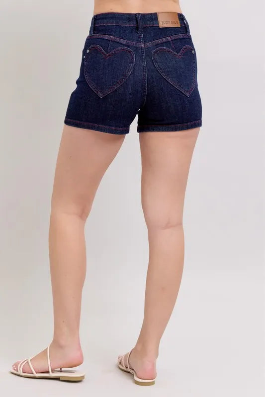 Dk Judy Blue High Waist Heart Shaped Pkts Red Contrast Thread Denim Shorts
