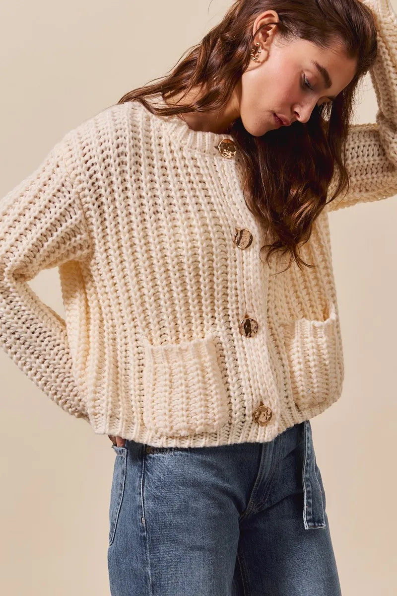 So Me Metal Button Long Sleeve Chunky Sweater Cardigan