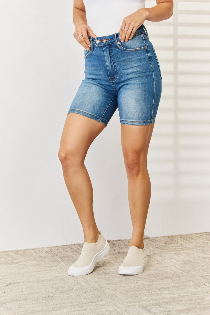 Medium Judy Blue Full Size Tummy Control Double Button Bermuda Denim Shorts