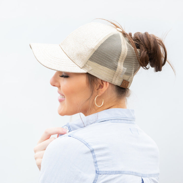 Rose Gold C C Glitter Messy Bun Hats