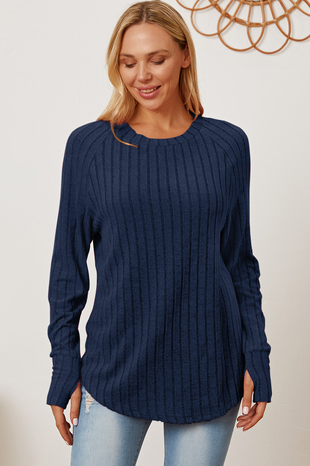 Dark Blue Basic Bae Full Size Ribbed Thumbhole Sleeve T Shirt