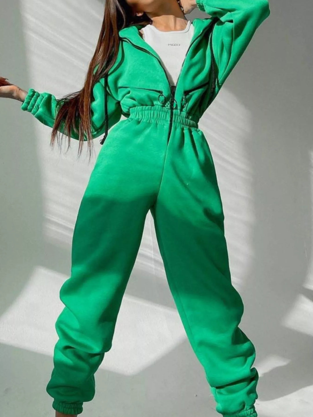 Green Hooded Zip Up Long Sleeve Jumpsuit