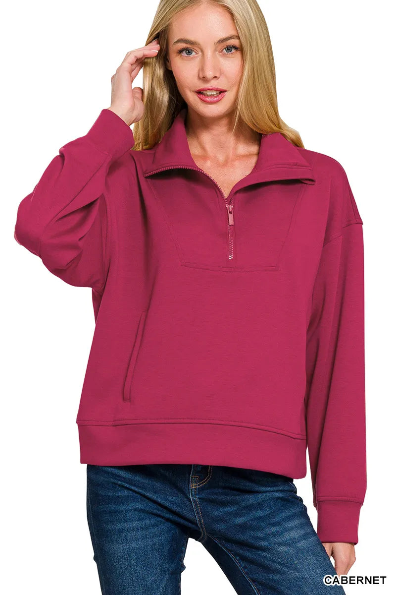 Cabernet Zenana Scuba Half Zip Sweatshirt With Pockets