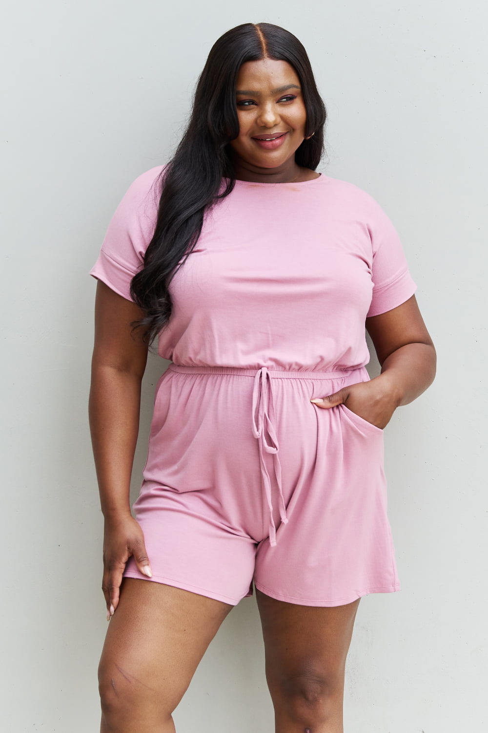 Zenana Chilled Out Full Size Short Sleeve Romper In Light Carnation Pink