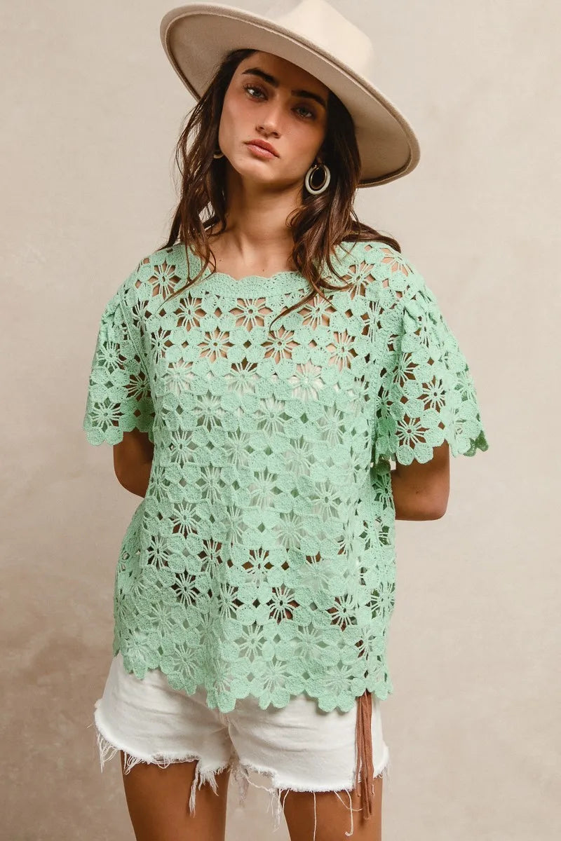 Lt Green Bibi Openwork Crochet Short Sleeve Knit Top