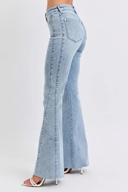 Lt Judy Blue Full Size Mid Rise Rhinestone Side Panel Detail Flare Jeans Plus Size