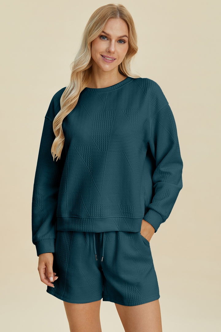 Peacock  Blue Double Take Full Size Texture Round Neck Long Sleeve Top And Shorts Set