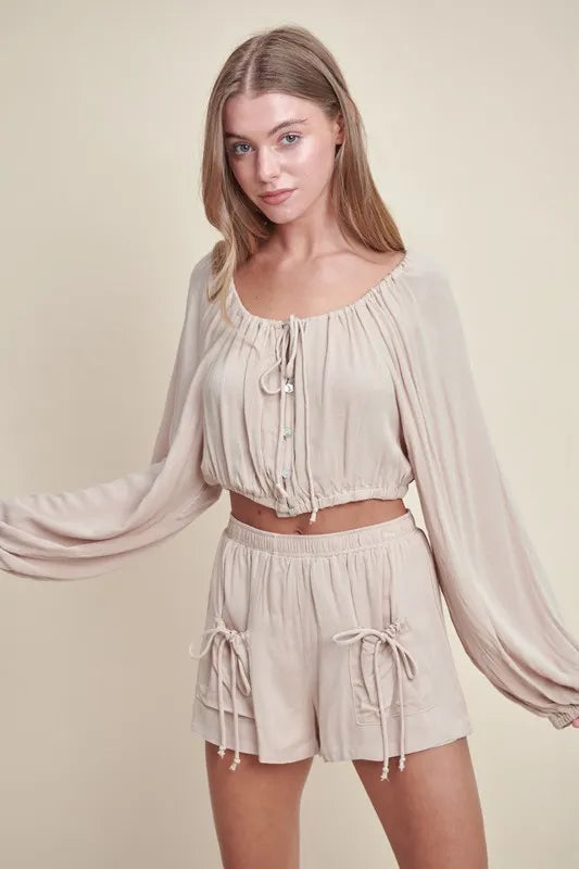 Lt Taupe Mable Gauze Long Sleeve Button Crop Top And Short Set