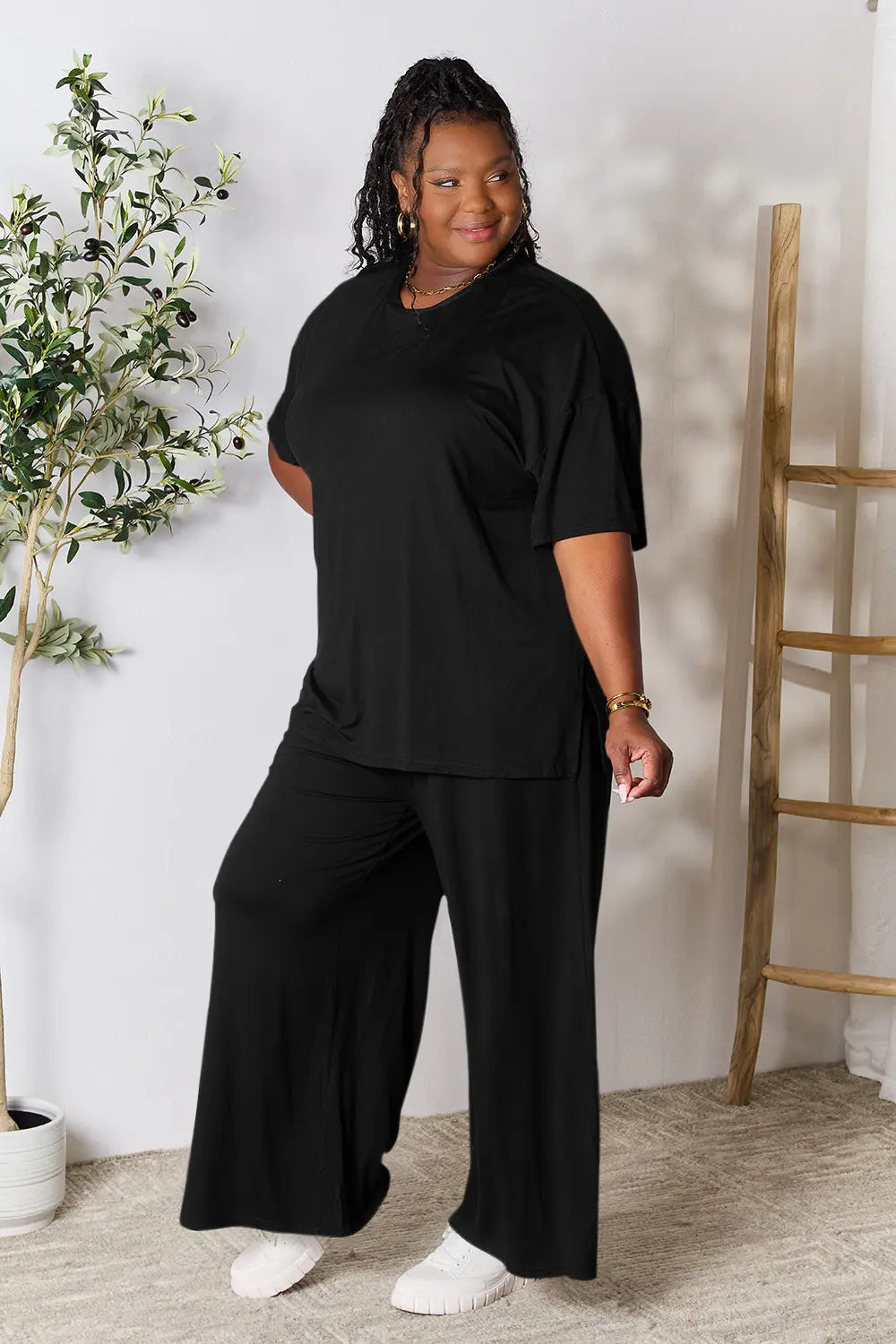 Black Double Take Full Size Round Neck Slit Top And Pants Set