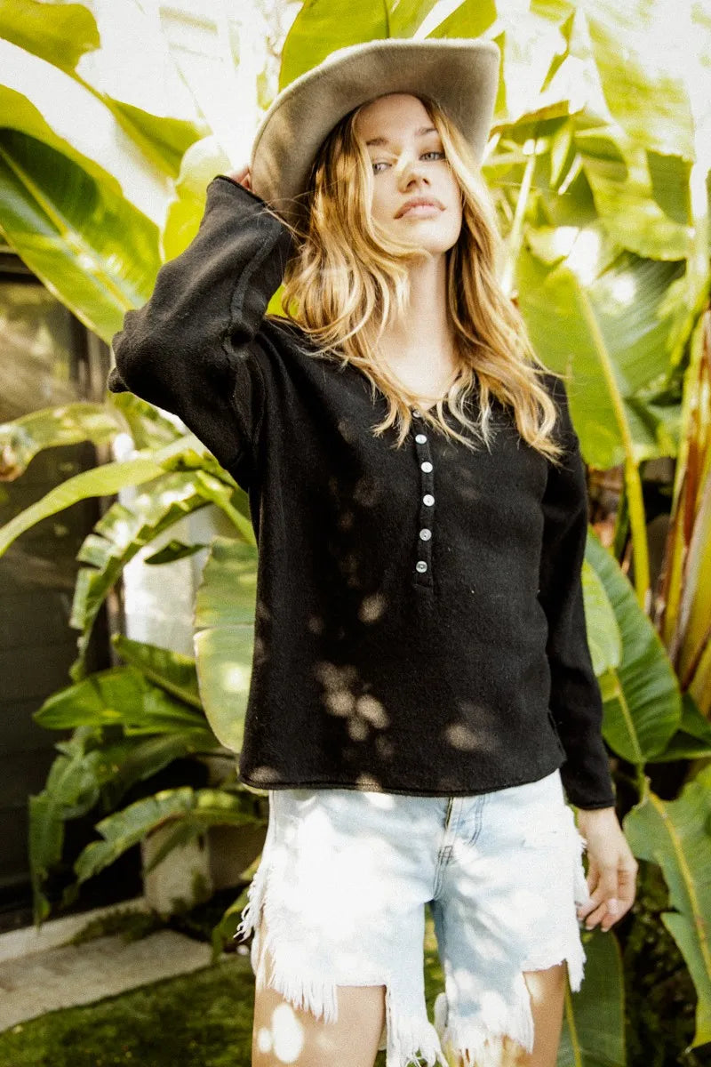 Black Bibi V Neck Sweater Top With Button Details