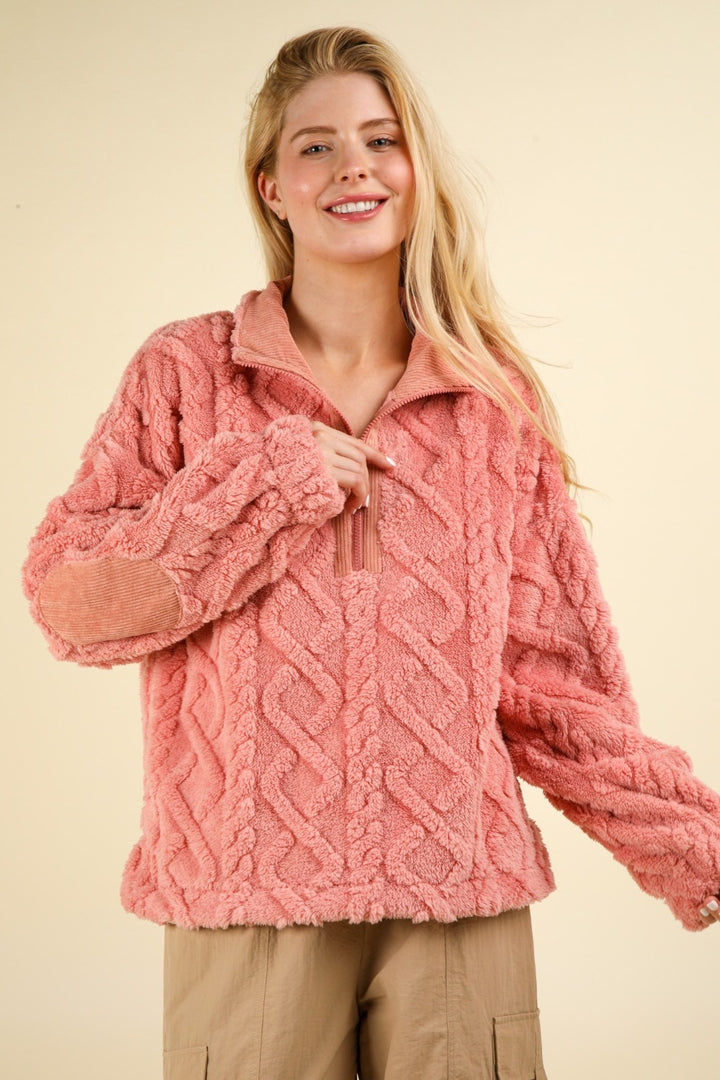 Very J Fuzzy Fleece Half Zip Cable Pattern Sweatshirt