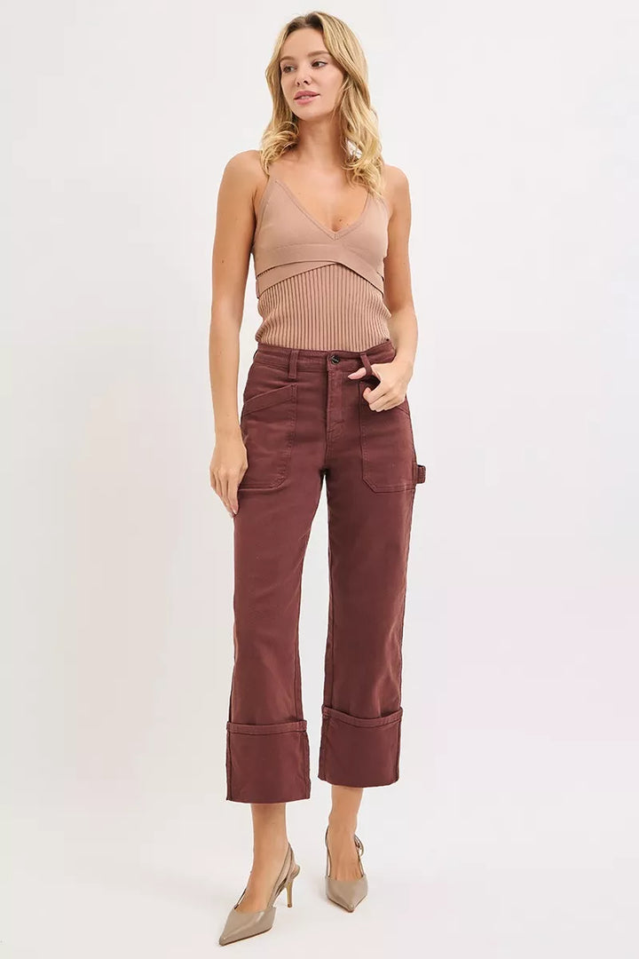 Choco Brown Risen Full Size High Rise Wide Straight Cuffed Patch Jeans Plus Size