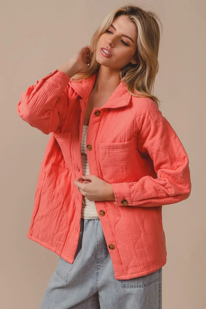Coral Bibi Quilted Wrinkle Gauze Long Sleeve Shacket 1
