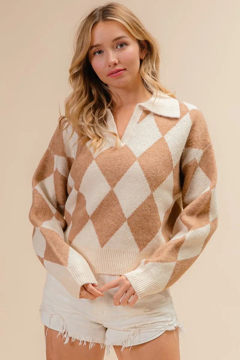 Bibi Diamond Pattern Collared Notch Neck Sweater