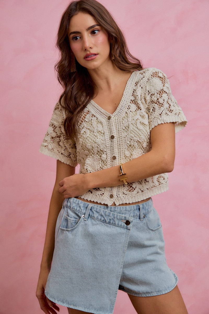 Natural So Me Floral Crochet Lace Button Down Cardigan
