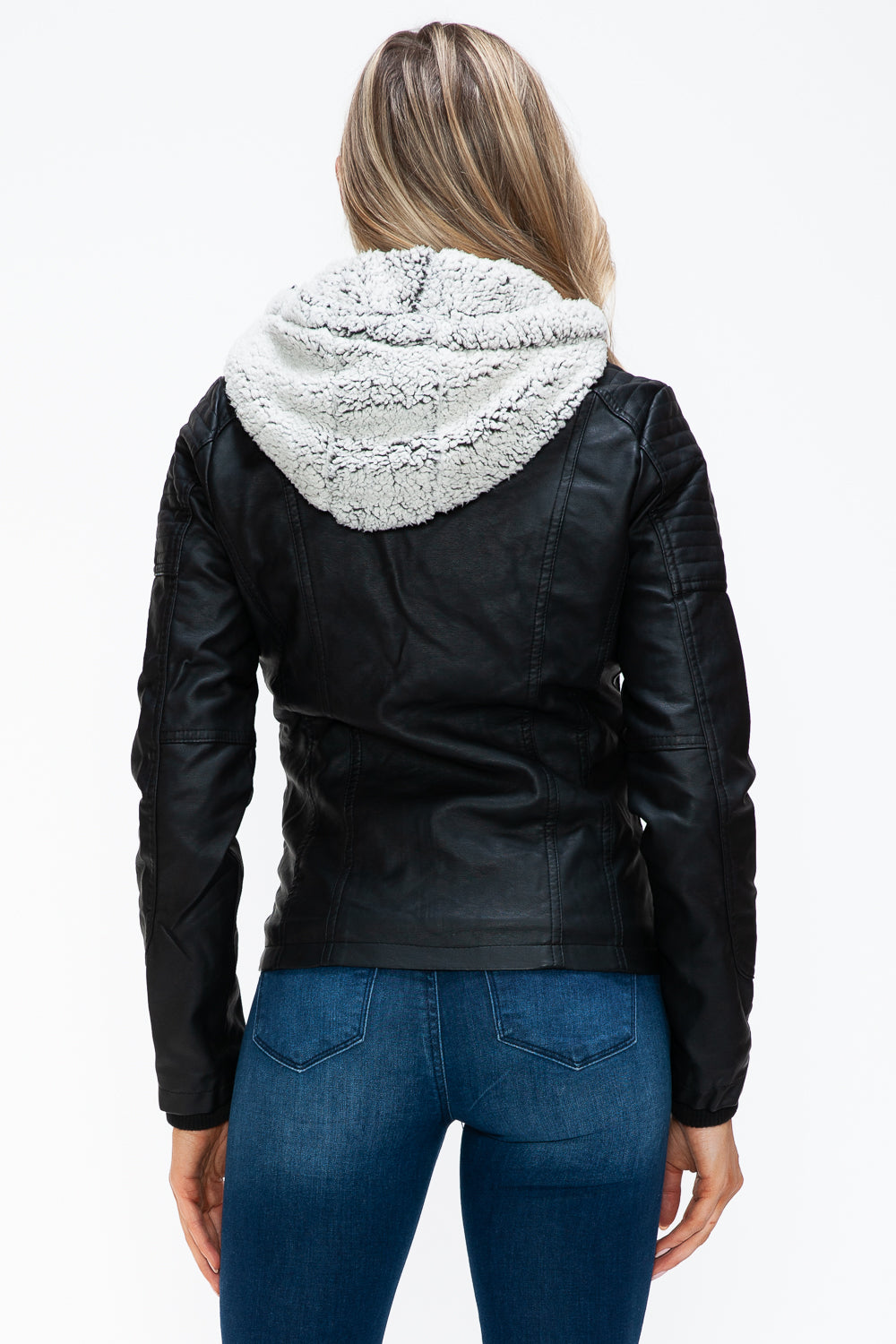 Black Ymi Removable Faux Layered Multi Pocket Jacket With Fuzzy Hood