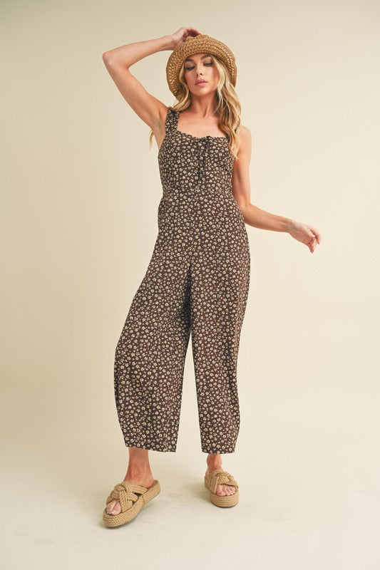 Chocolate Aemi Co Floral Sweetheart Neck Wide Leg Jumpsuit