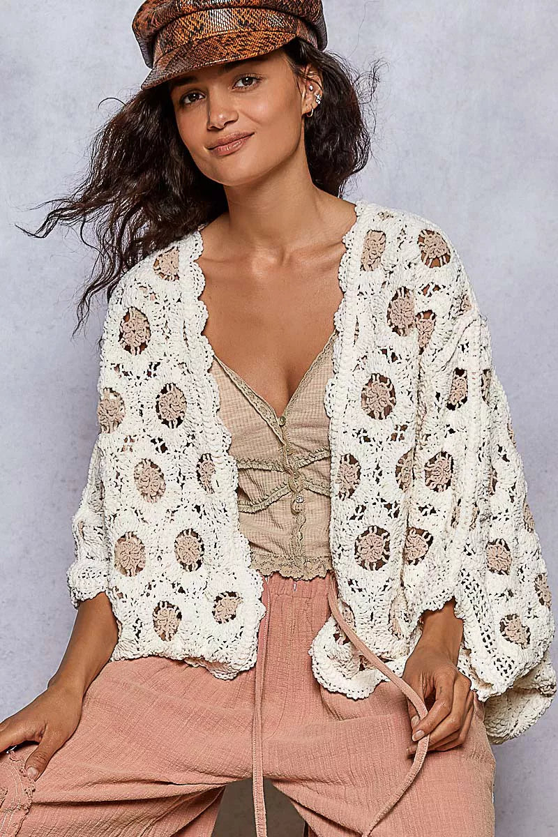 Pol Openwork V Neck Chenille Cardigan With Contrast Floral