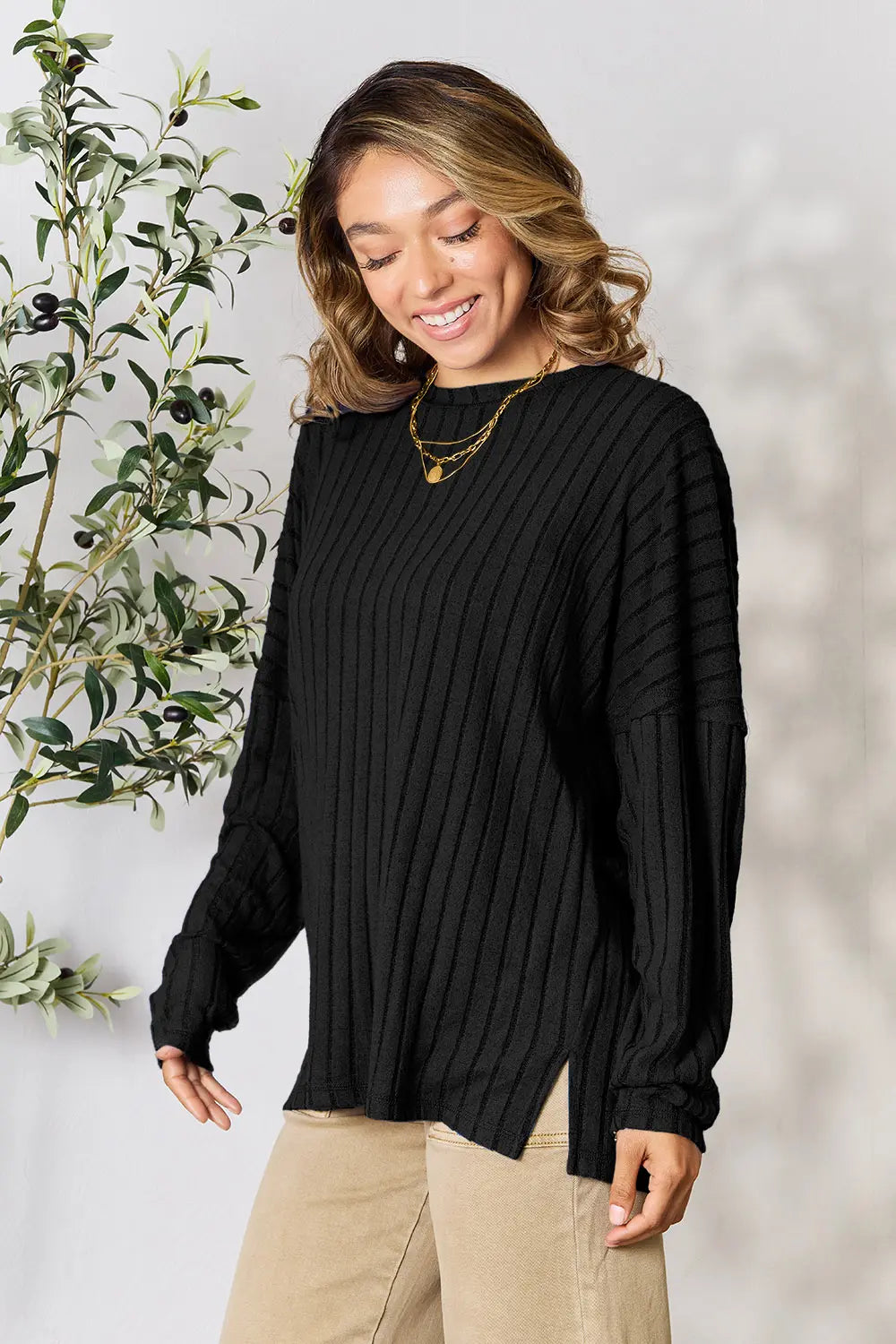 Black Basic Bae Full Size Ribbed Round Neck Slit Knit Top