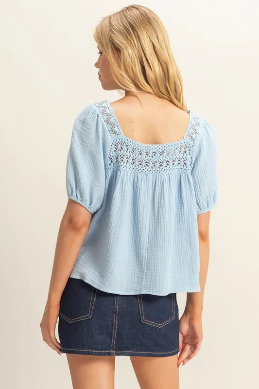 Blue Hyfve Crochet Detail Puff Sleeve Peasant Top 1