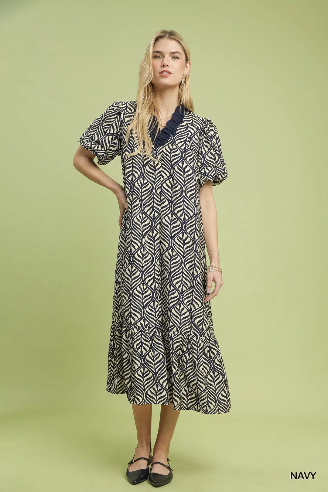 Umgee Leaf Print Ruffle Neck Midi Dress