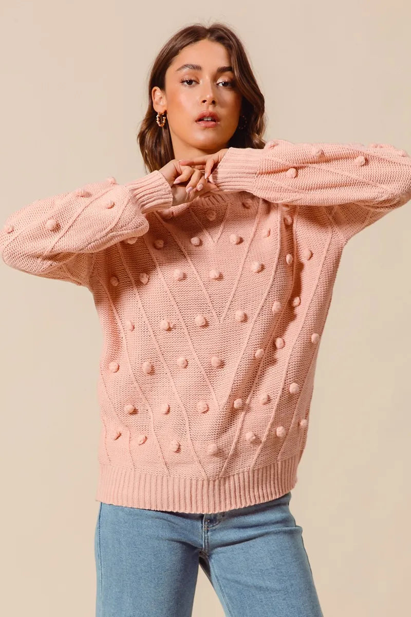 Blush So Me Pom Pom Textured Knit Sweater Top