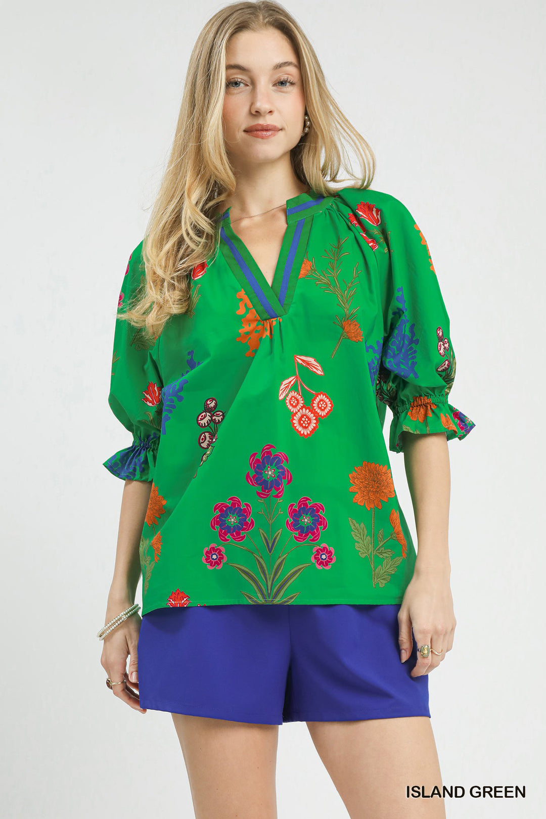 Island Green Umgee Floral Split Neck Puff Sleeve Top