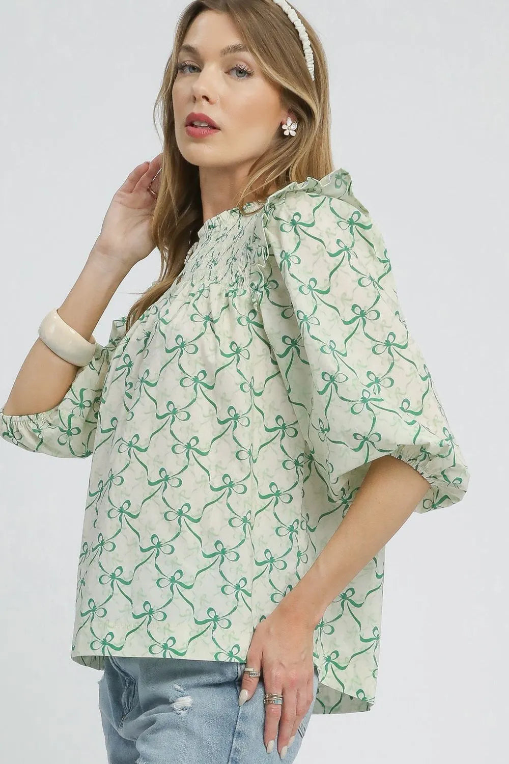 Green Umgee Ruffled Bow Print Notched Blouse