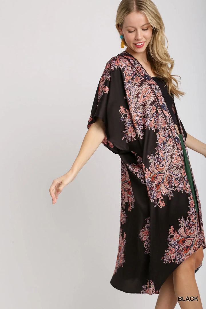 Umgee Satin Border Print Short Sleeve Open Front Kimono