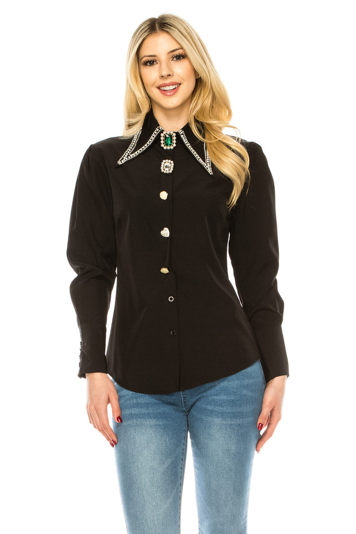 Red Women Button Down Long Sleeve Blouse