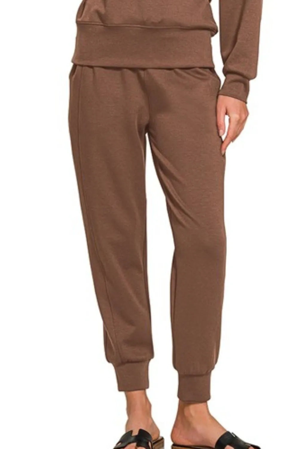 Brown Zenana Scuba Crewneck Pullover Joggers 2 Pieces Set 2