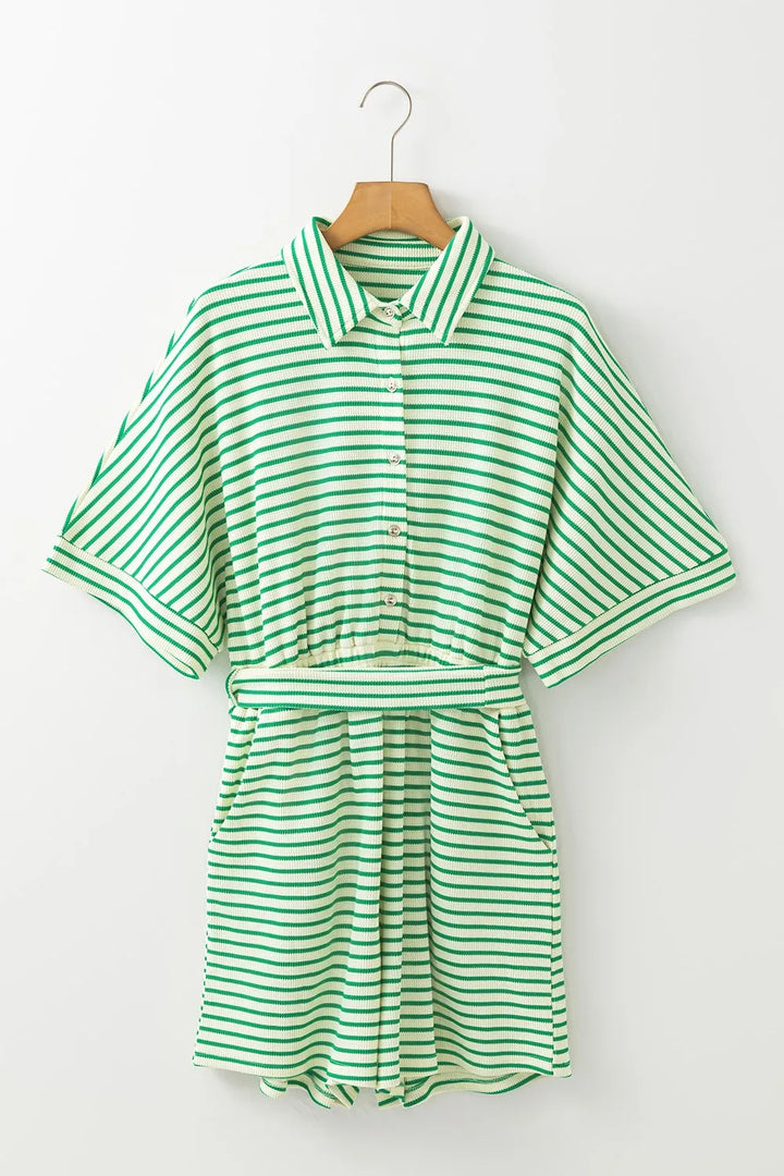 Striped Half Sleeve Tie Waist Romper