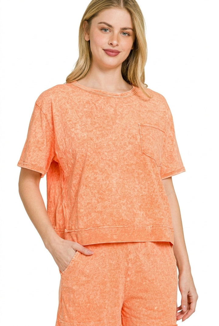 Orange Zenana Halo Snow Washed Boxy Top Shorts Set 1