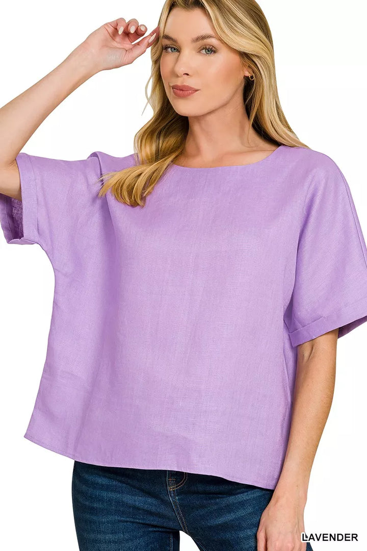 Lavender Zenana Linen Round Neck Cuffed Sleeve Top