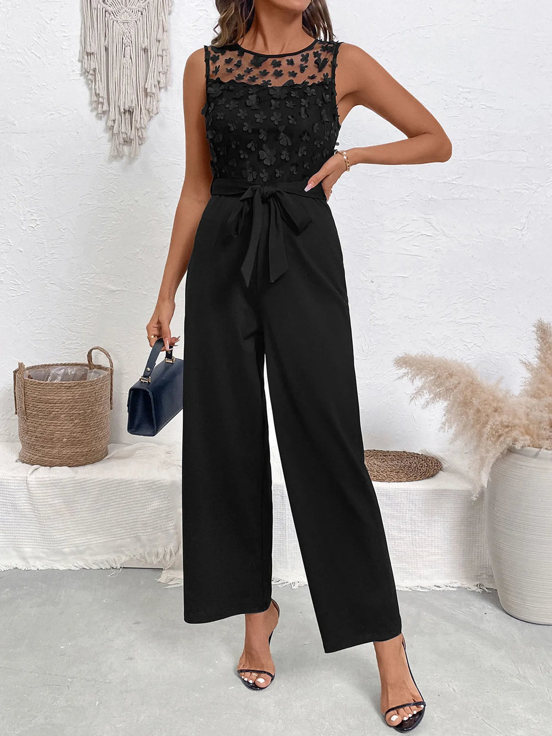 Black Flower Sleeveless Wide Leg Jumpsuit